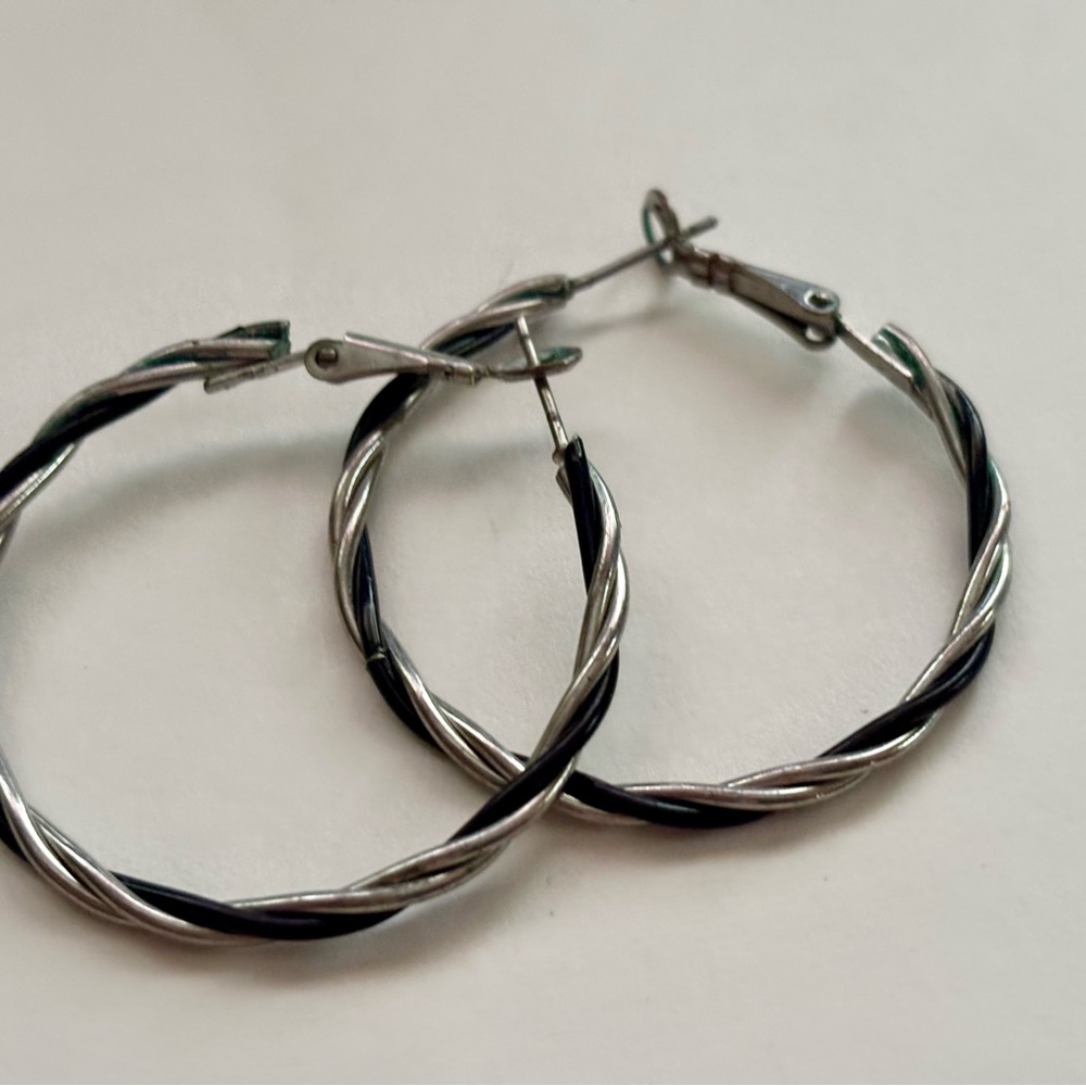 Classic Two-Tone Black and Silver Twisted Hoop Earrings - Women Jewelry
